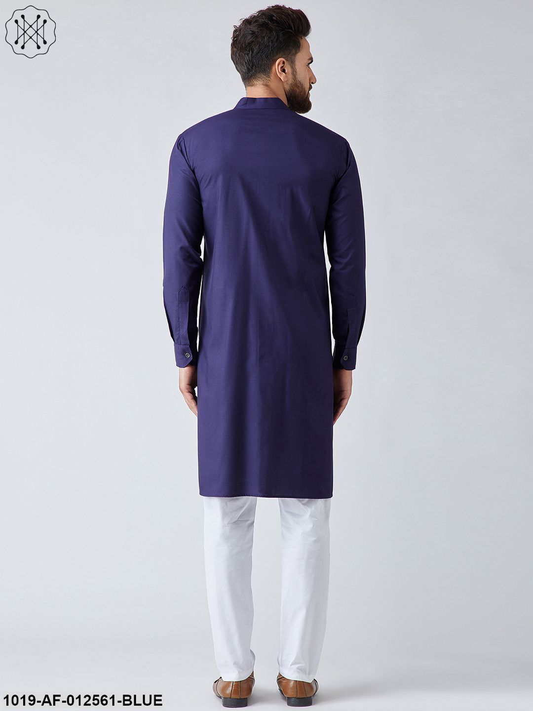 Men's Cotton Navy Blue Pathani Kurta & White Pyjama Set