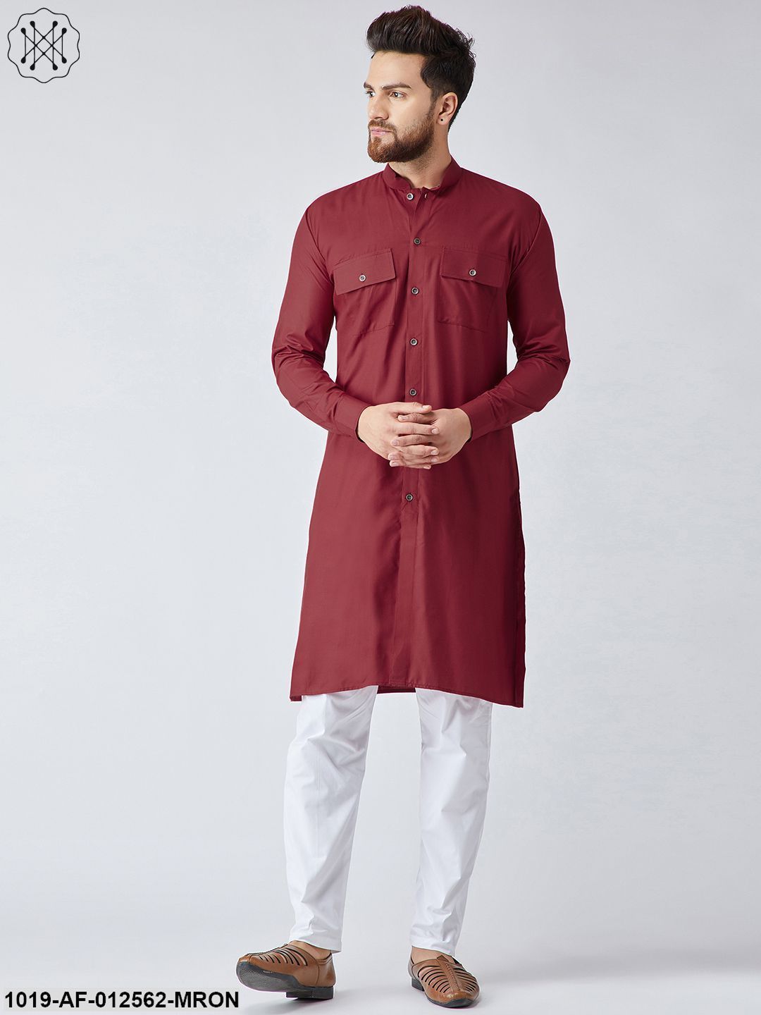 Men's Cotton Maroon Pathani Kurta & White Pyjama Set