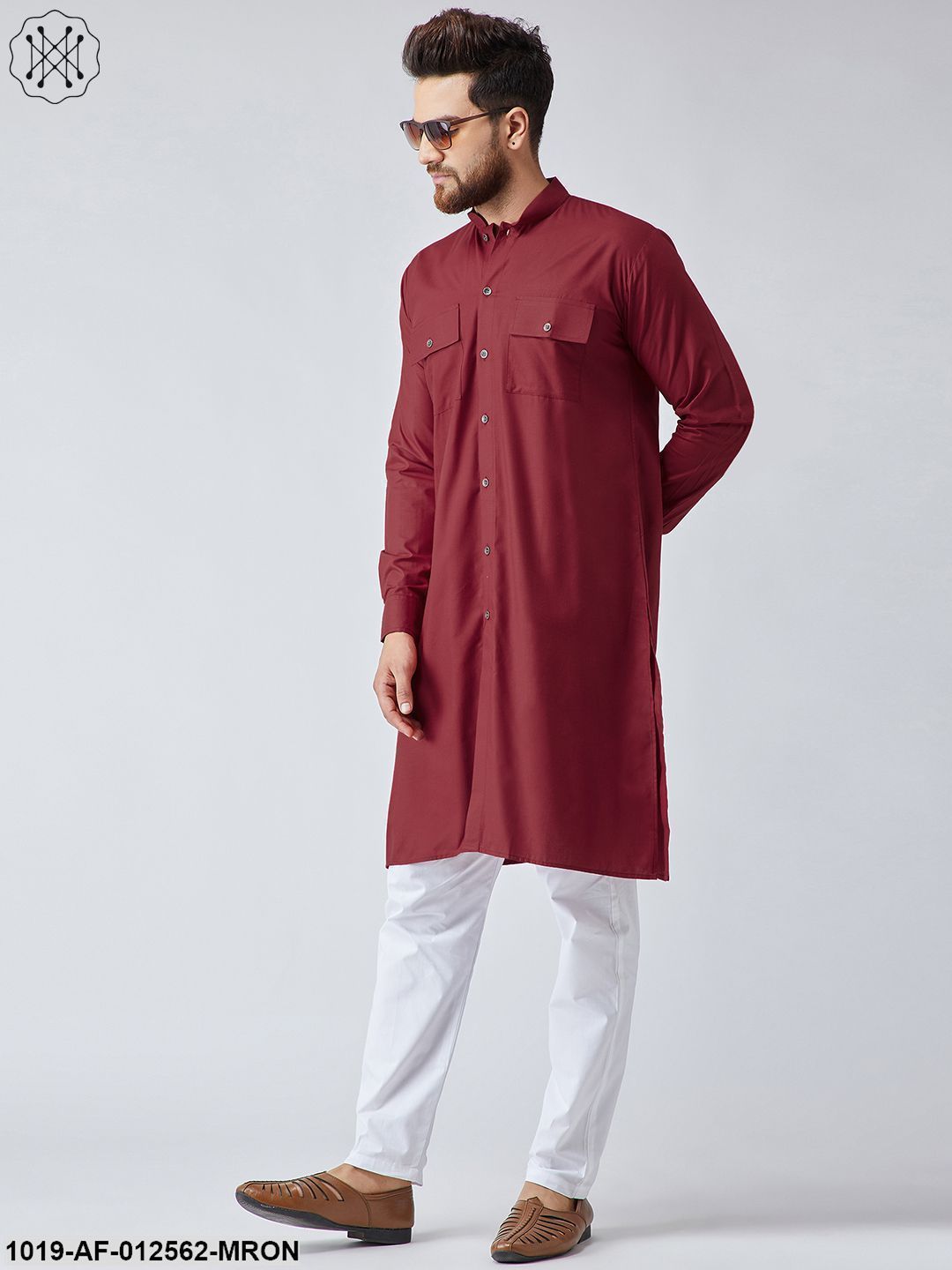 Men's Cotton Maroon Pathani Kurta & White Pyjama Set