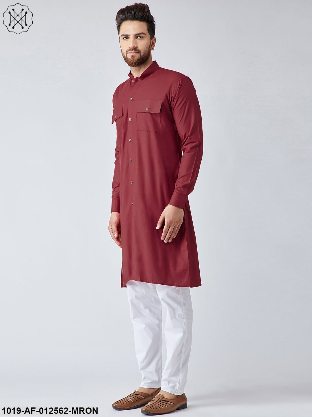 Men's Cotton Maroon Pathani Kurta & White Pyjama Set