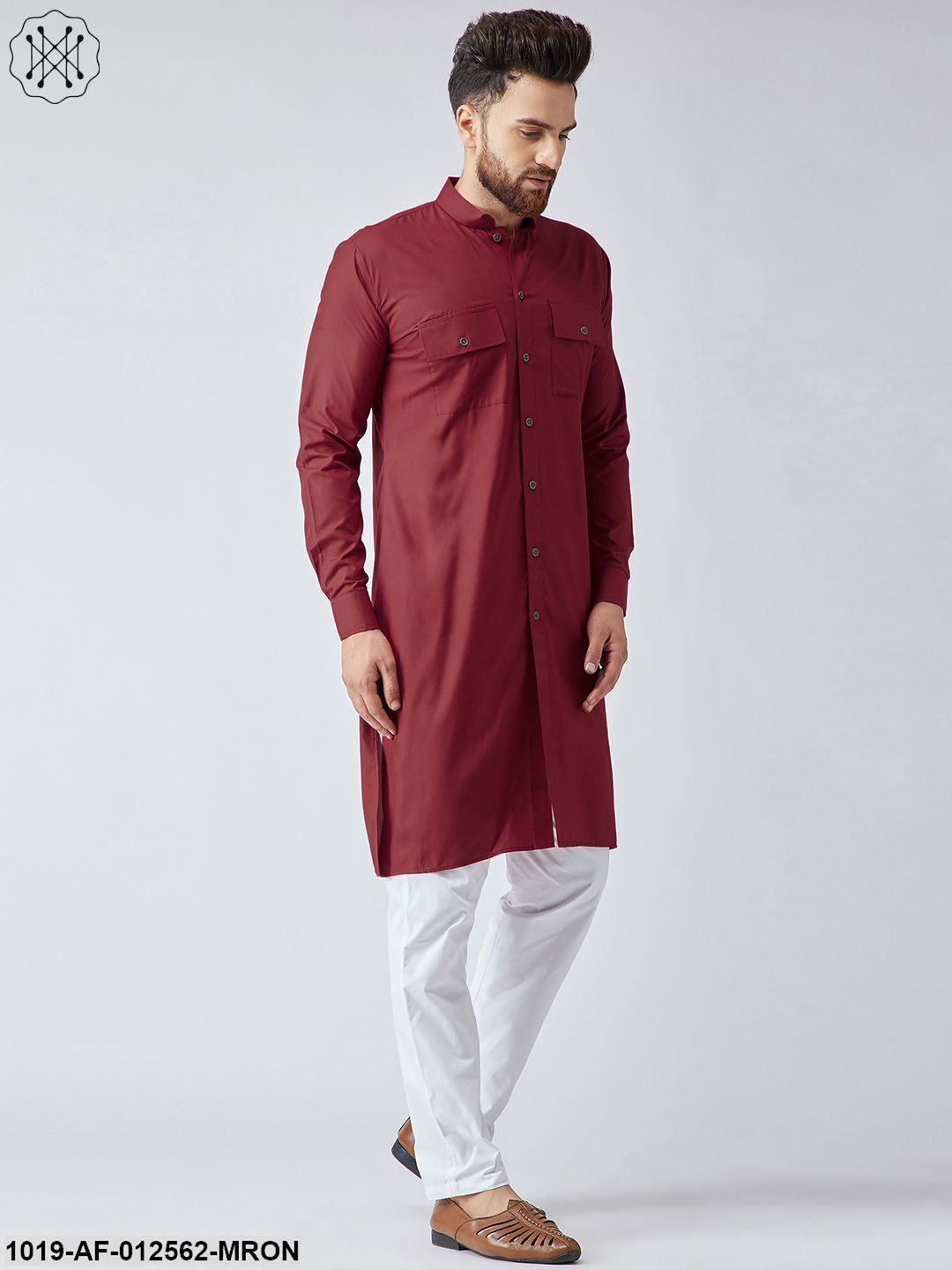 Men's Cotton Maroon Pathani Kurta & White Pyjama Set