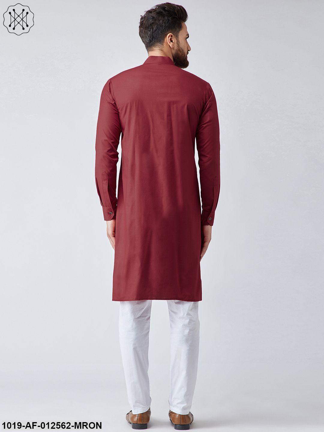 Men's Cotton Maroon Pathani Kurta & White Pyjama Set