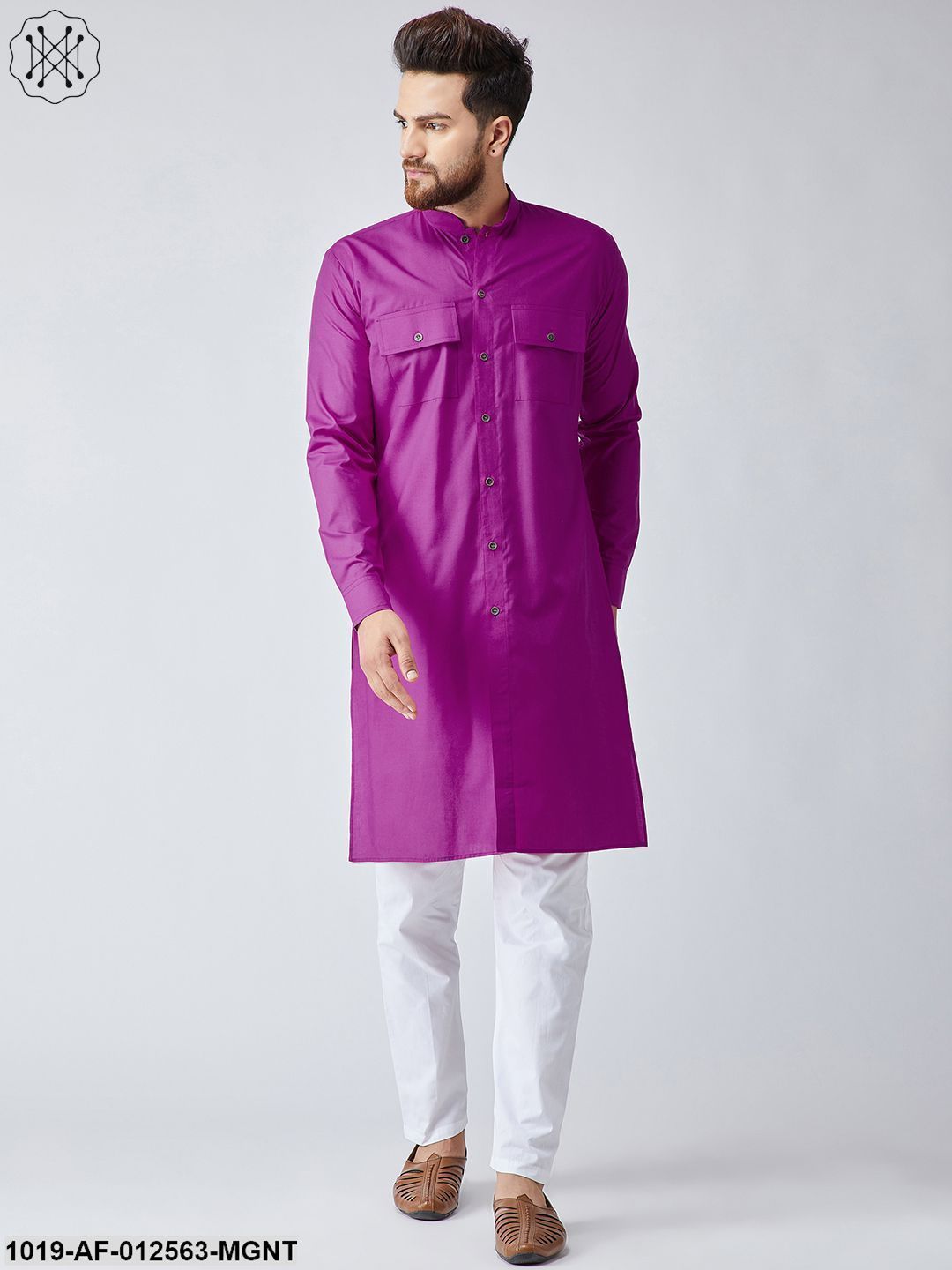 Men's Cotton Magenta Pathani Kurta & White Pyjama Set