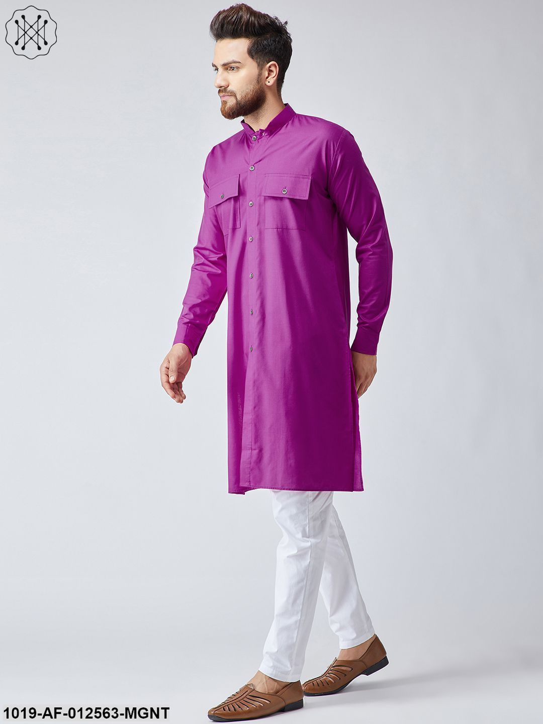 Men's Cotton Magenta Pathani Kurta & White Pyjama Set