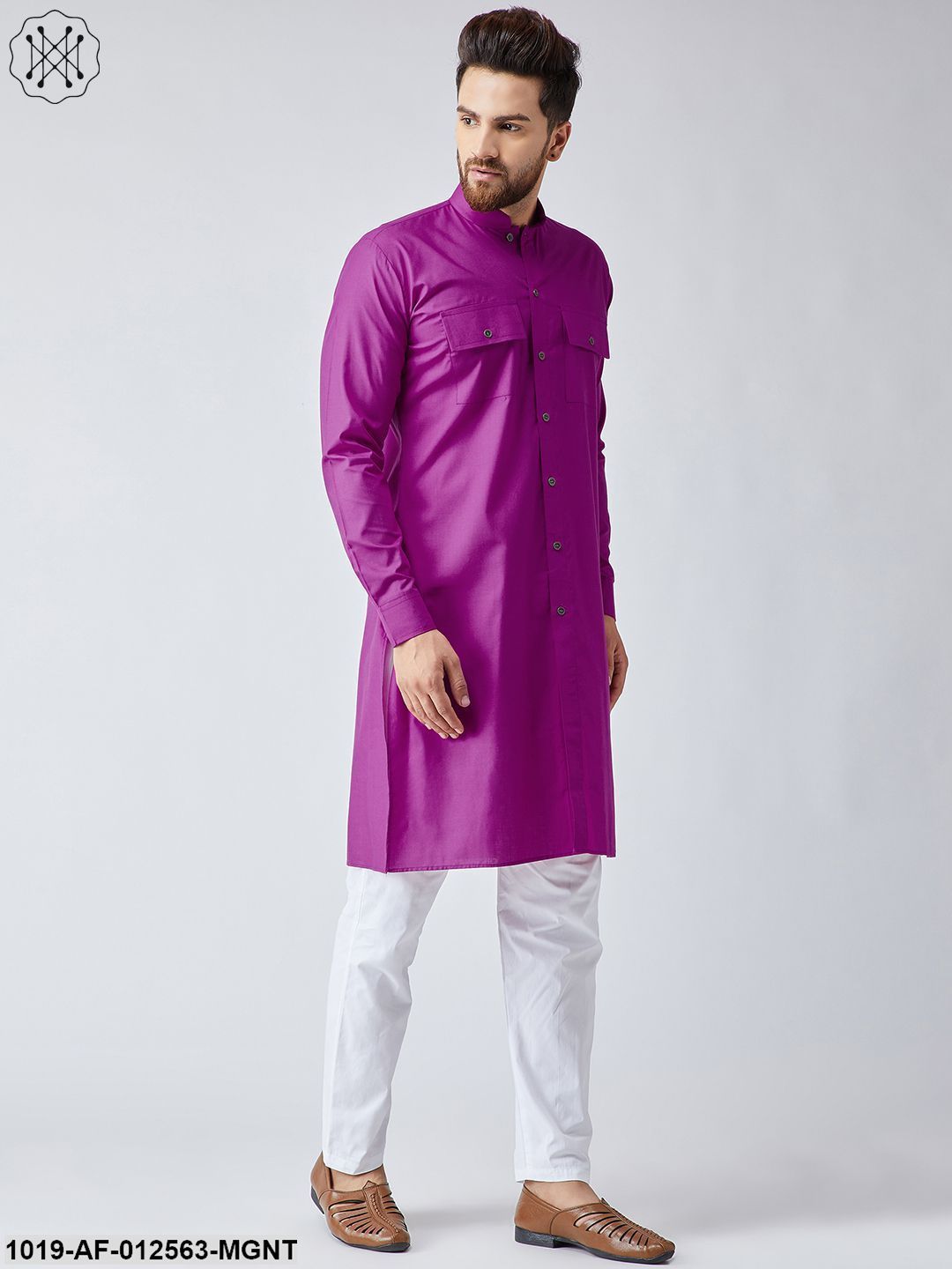 Men's Cotton Magenta Pathani Kurta & White Pyjama Set