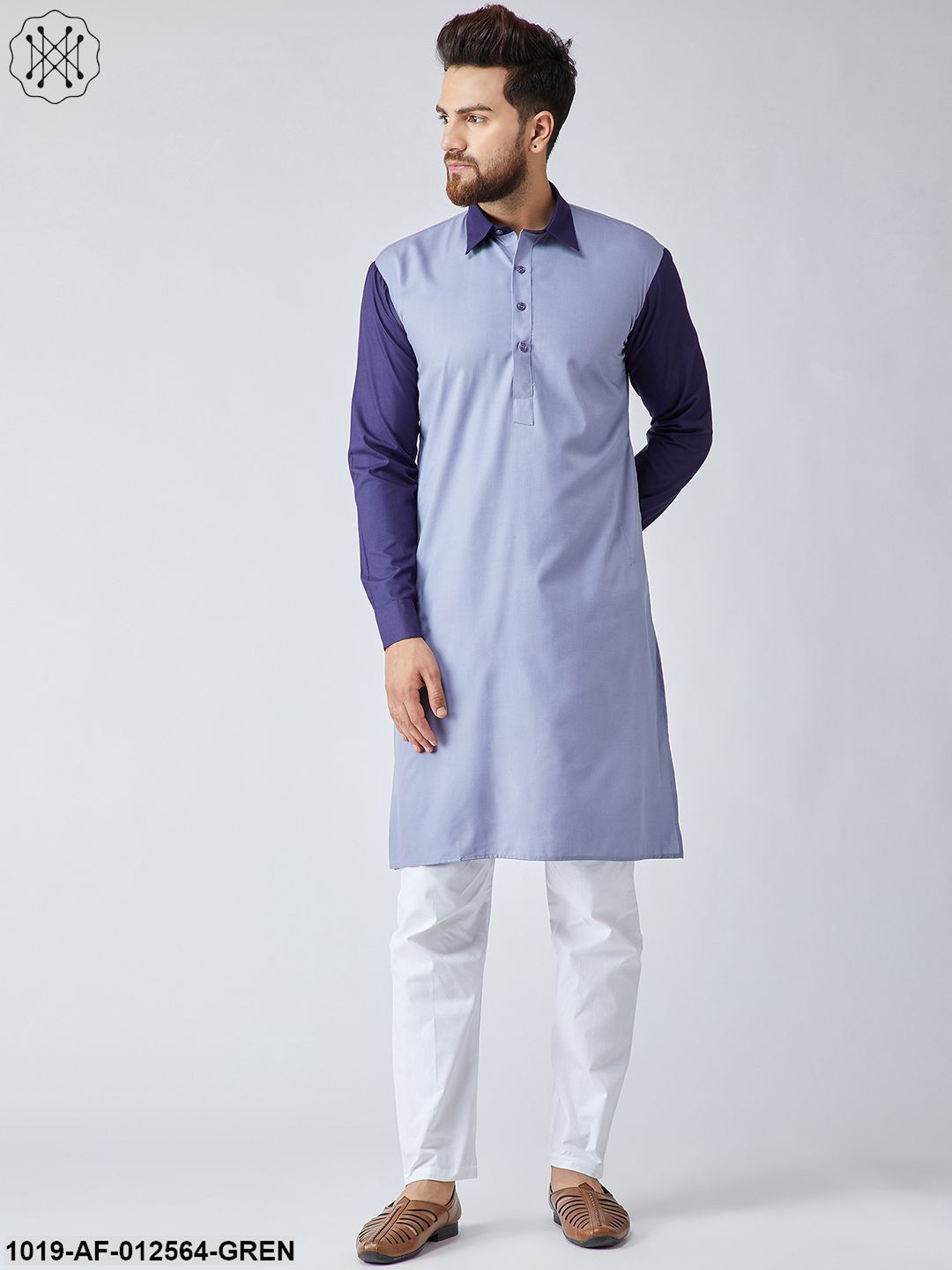 Men's Cotton Light Grey & Navy Blue Kurta And White Pyjama Set