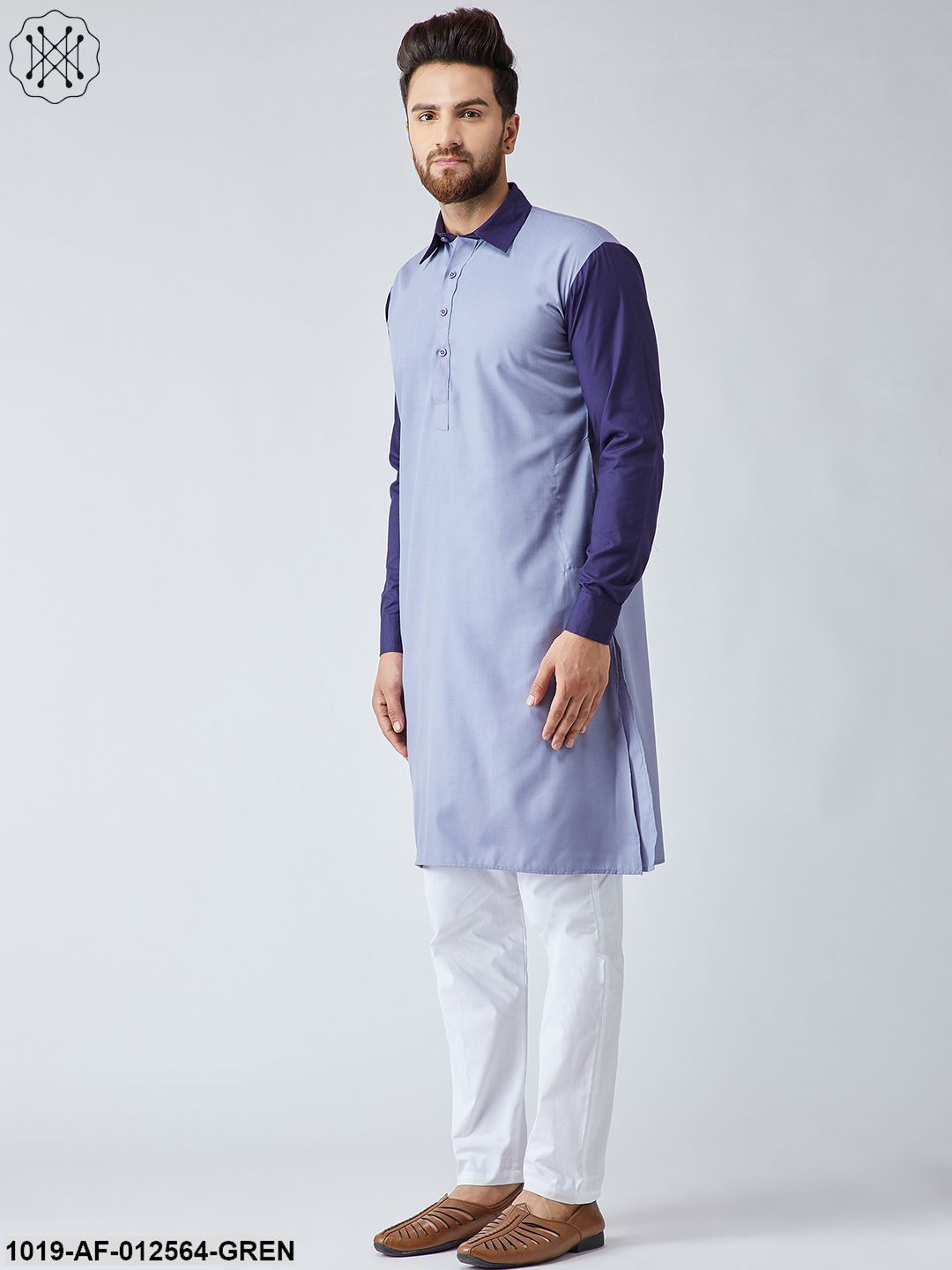 Men's Cotton Light Grey & Navy Blue Kurta And White Pyjama Set