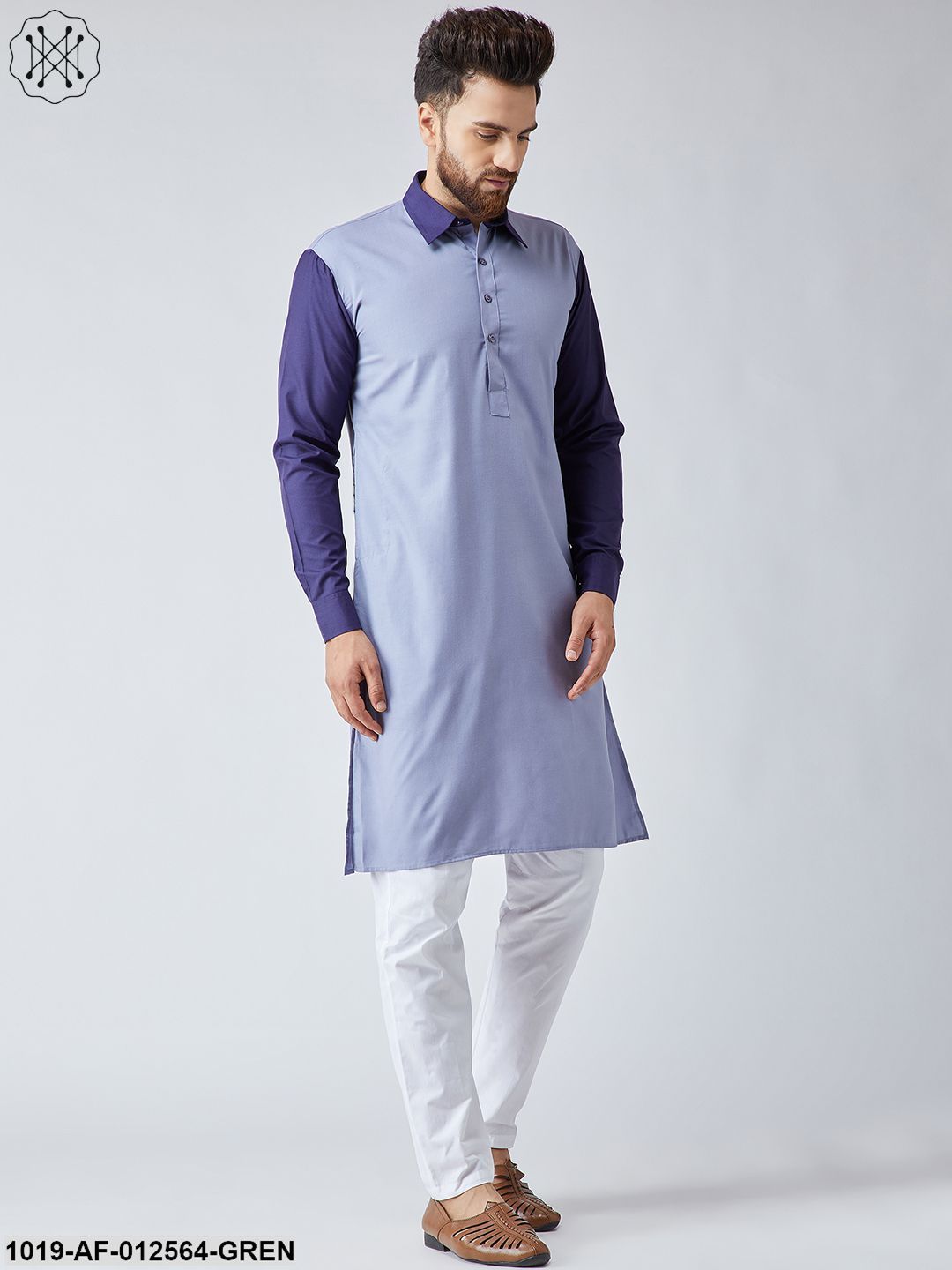 Men's Cotton Light Grey & Navy Blue Kurta And White Pyjama Set