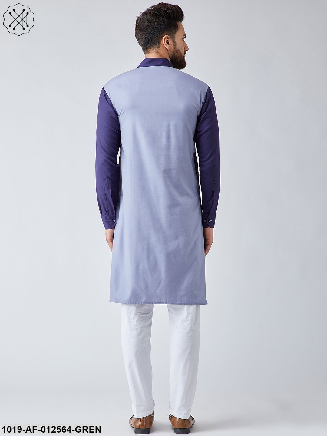 Men's Cotton Light Grey & Navy Blue Kurta And White Pyjama Set