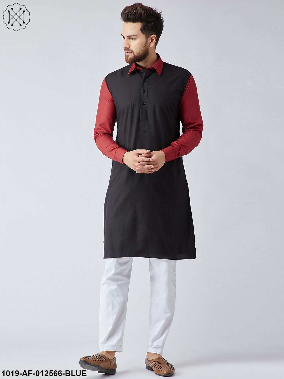 Men's Cotton Navy Blue & Light Grey Kurta And White Pyjama Set