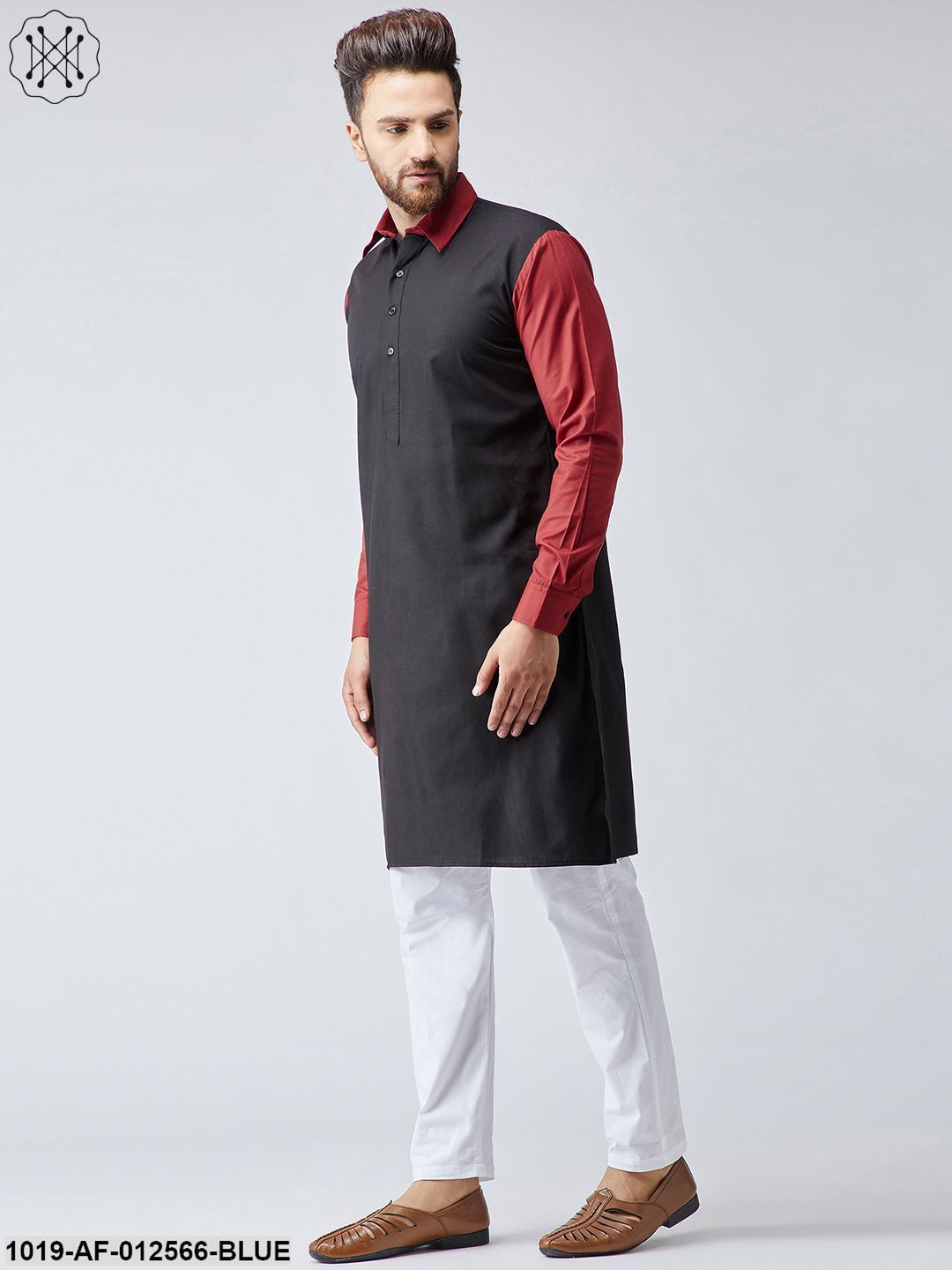 Men's Cotton Navy Blue & Light Grey Kurta And White Pyjama Set