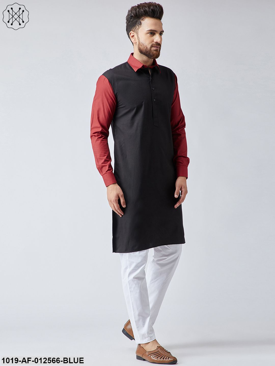 Men's Cotton Navy Blue & Light Grey Kurta And White Pyjama Set