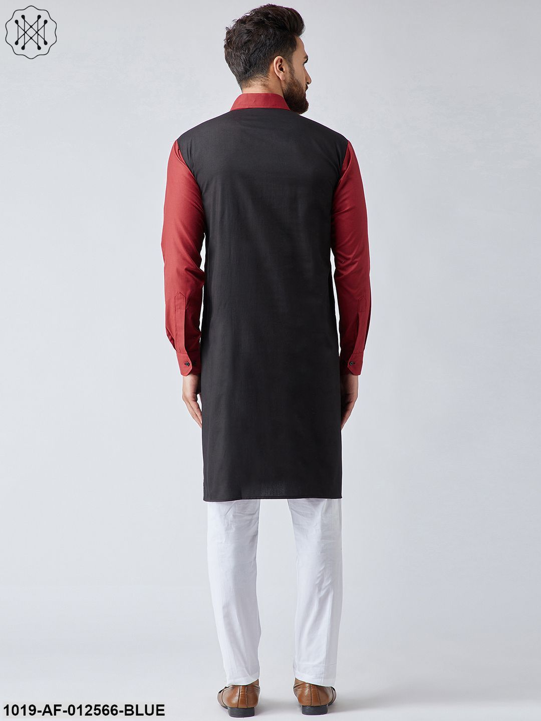 Men's Cotton Navy Blue & Light Grey Kurta And White Pyjama Set