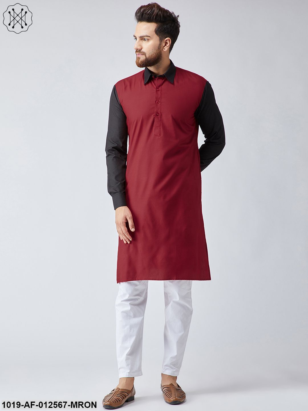 Men's Cotton Maroon & Black Kurta And White Pyjama Set