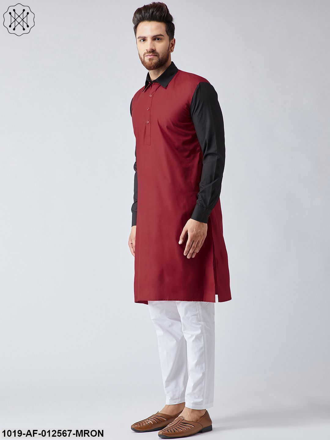 Men's Cotton Maroon & Black Kurta And White Pyjama Set