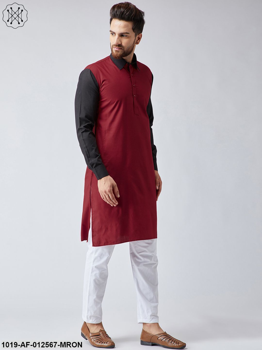 Men's Cotton Maroon & Black Kurta And White Pyjama Set