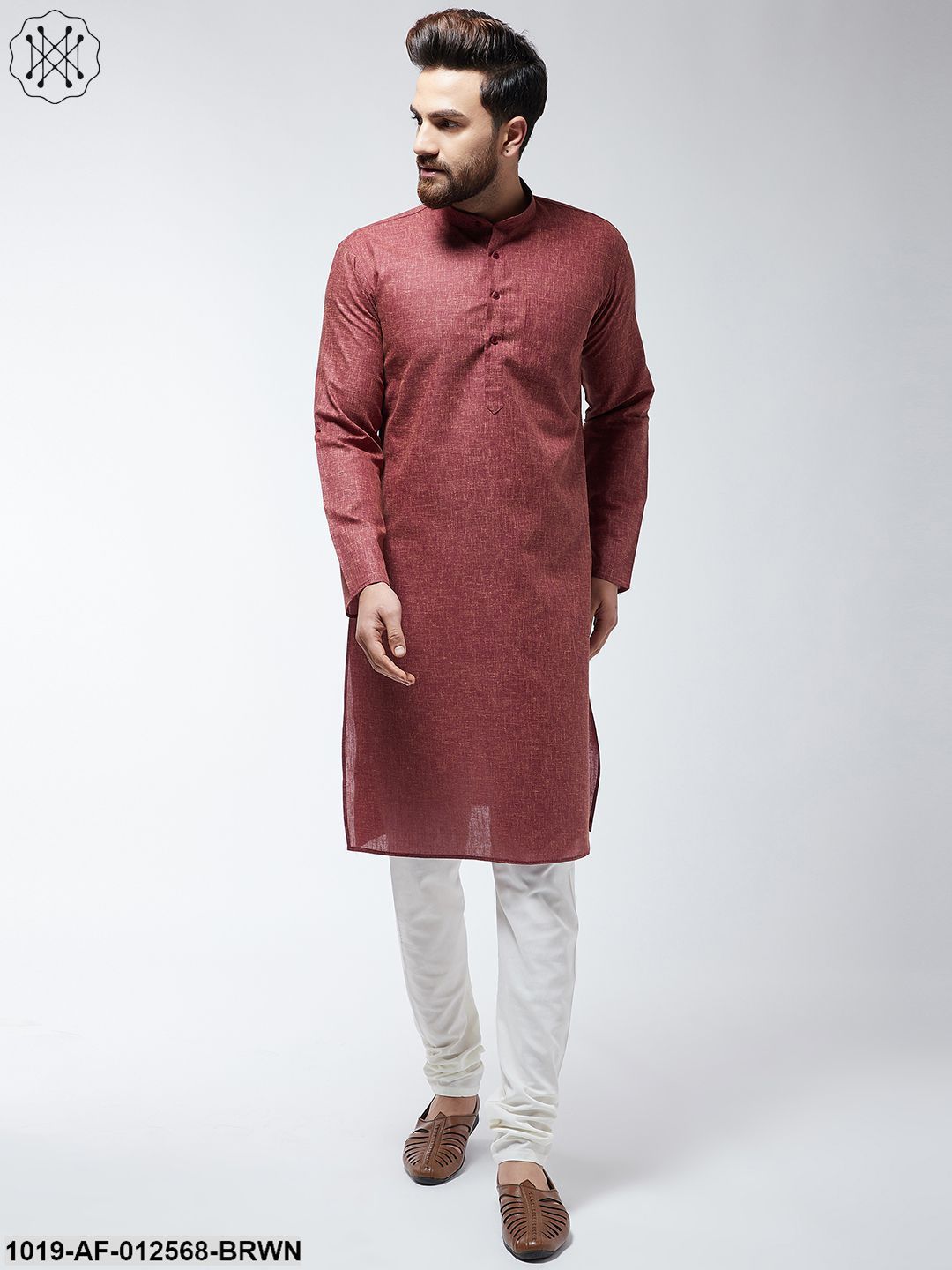 Men's Cotton Blend Dark Brown Kurta & Off-White Churidar Pyjama Set