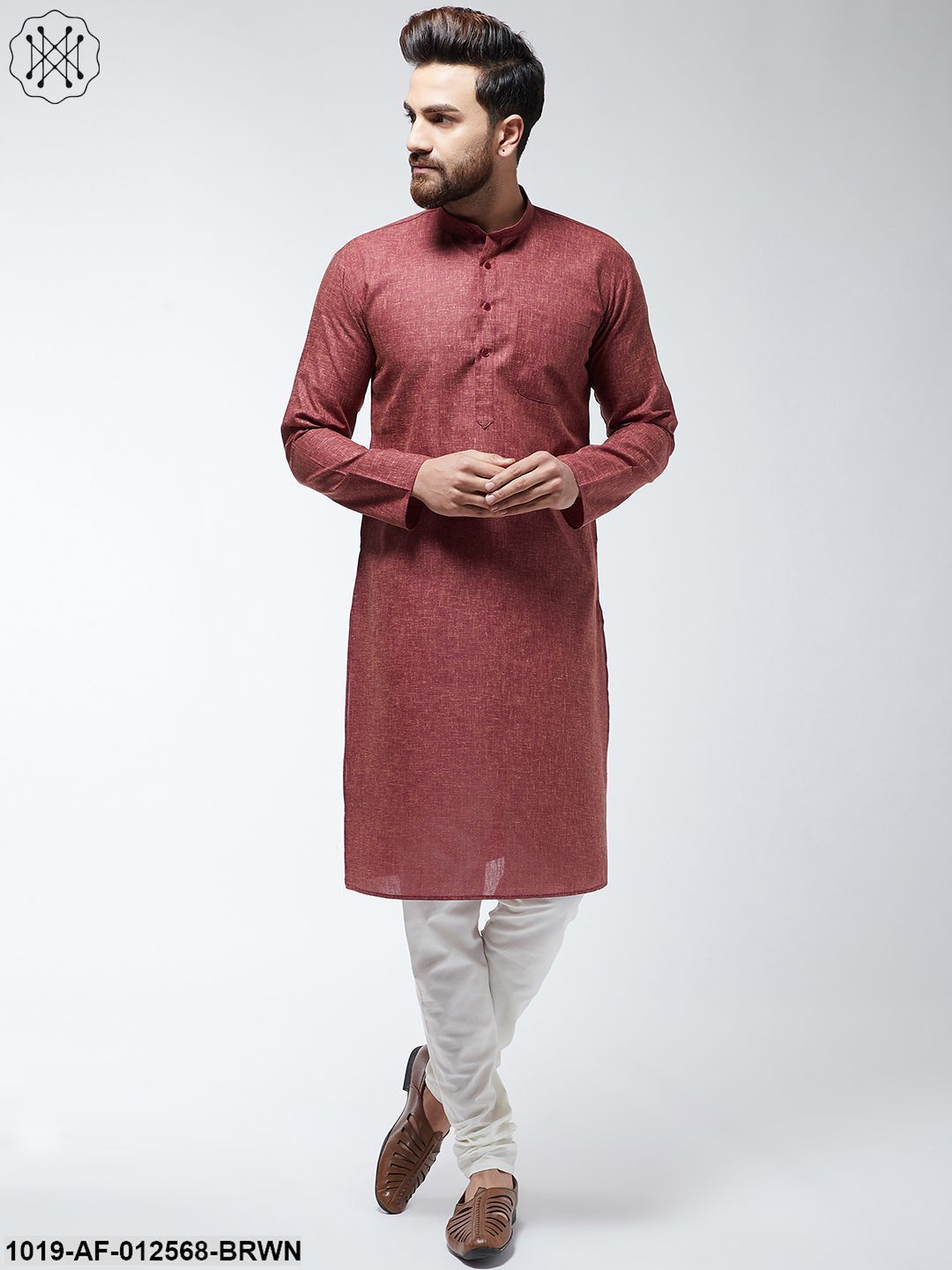 Men's Cotton Blend Dark Brown Kurta & Off-White Churidar Pyjama Set