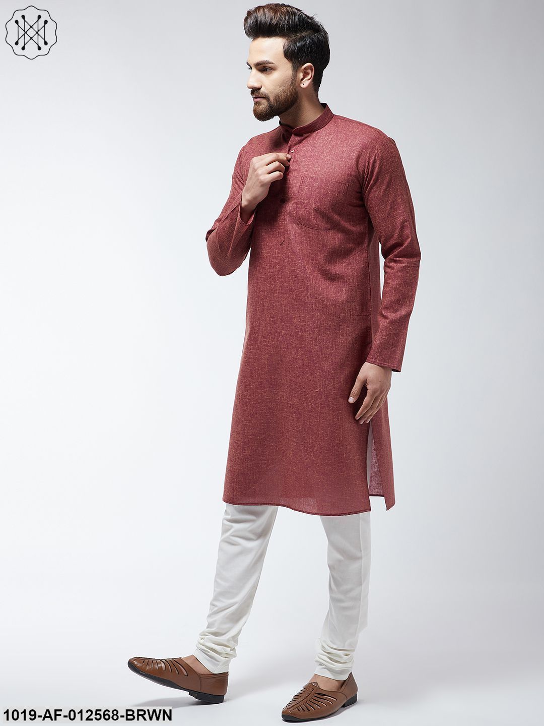 Men's Cotton Blend Dark Brown Kurta & Off-White Churidar Pyjama Set