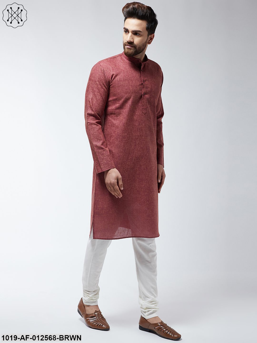 Men's Cotton Blend Dark Brown Kurta & Off-White Churidar Pyjama Set
