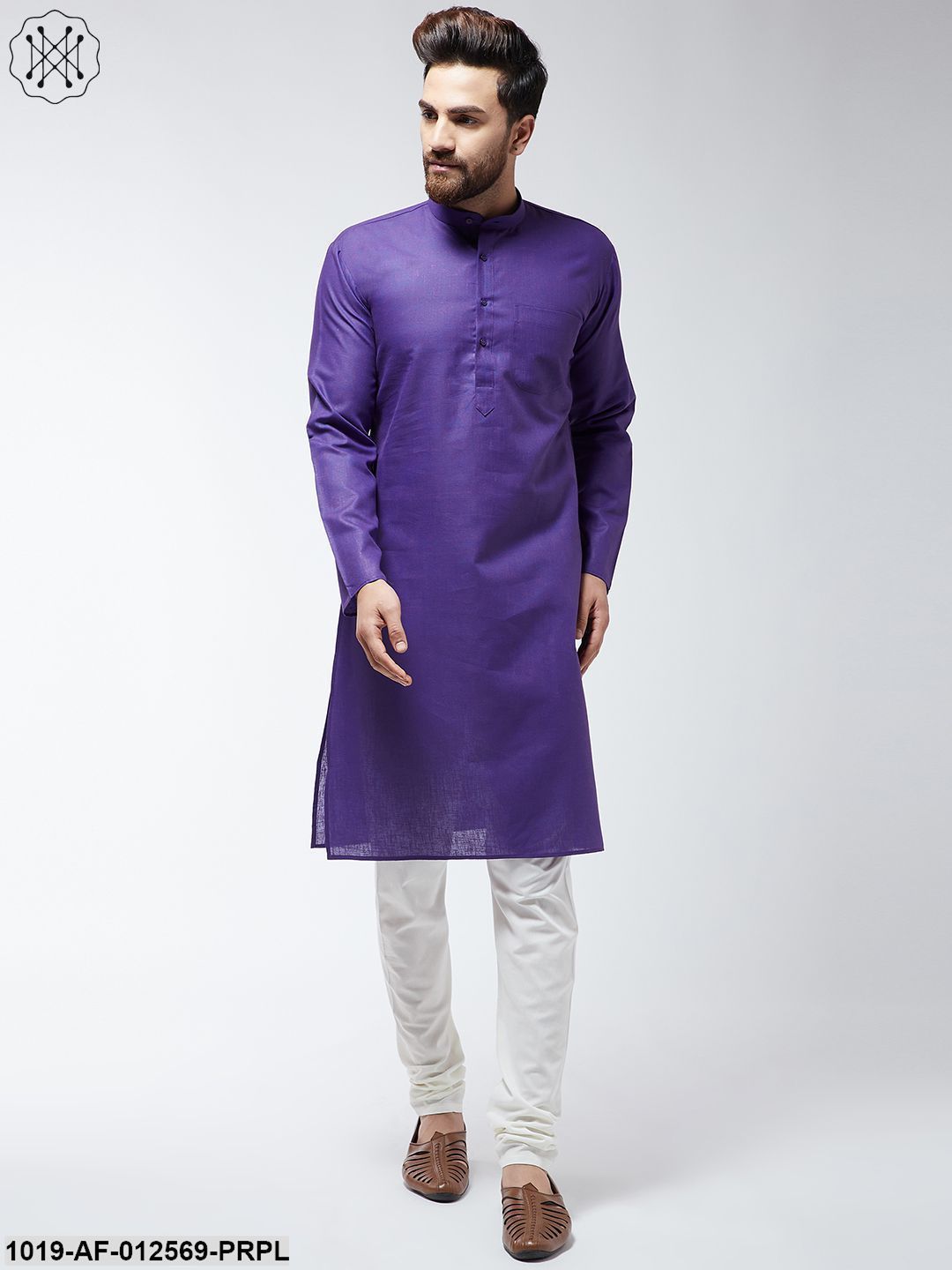 Men's Cotton Blend Purple Kurta & Off-White Churidar Pyjama Set