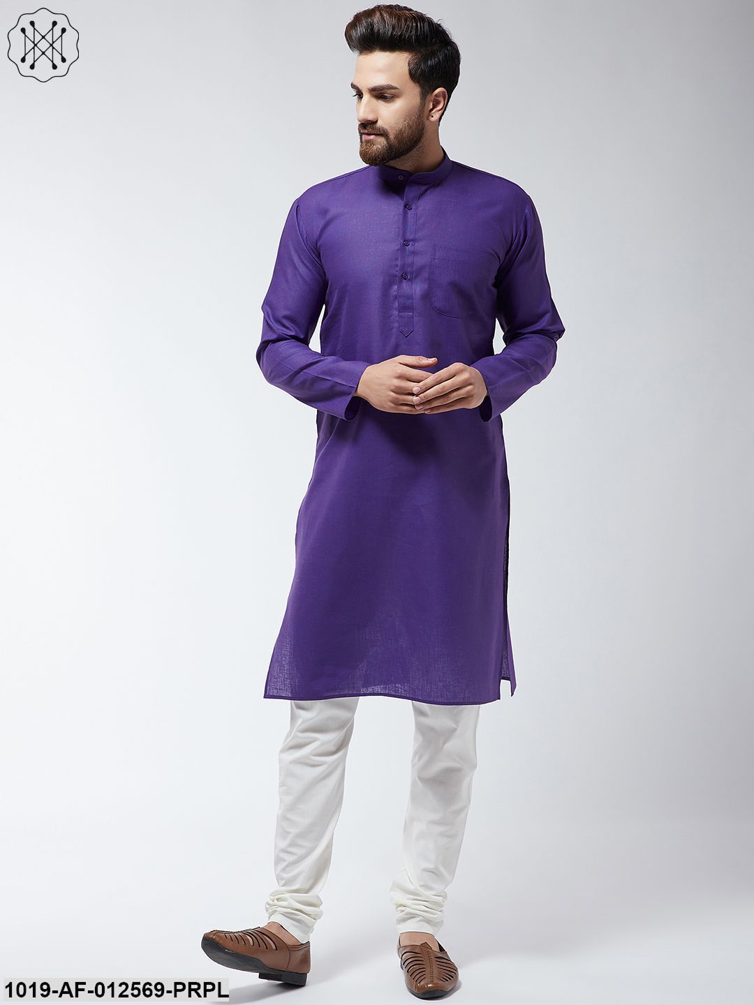 Men's Cotton Blend Purple Kurta & Off-White Churidar Pyjama Set