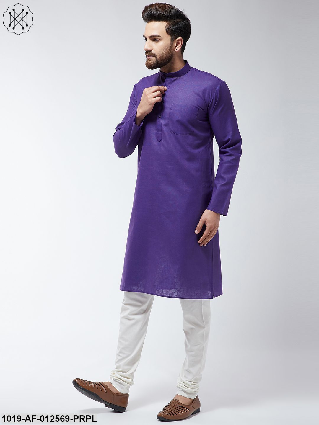 Men's Cotton Blend Purple Kurta & Off-White Churidar Pyjama Set
