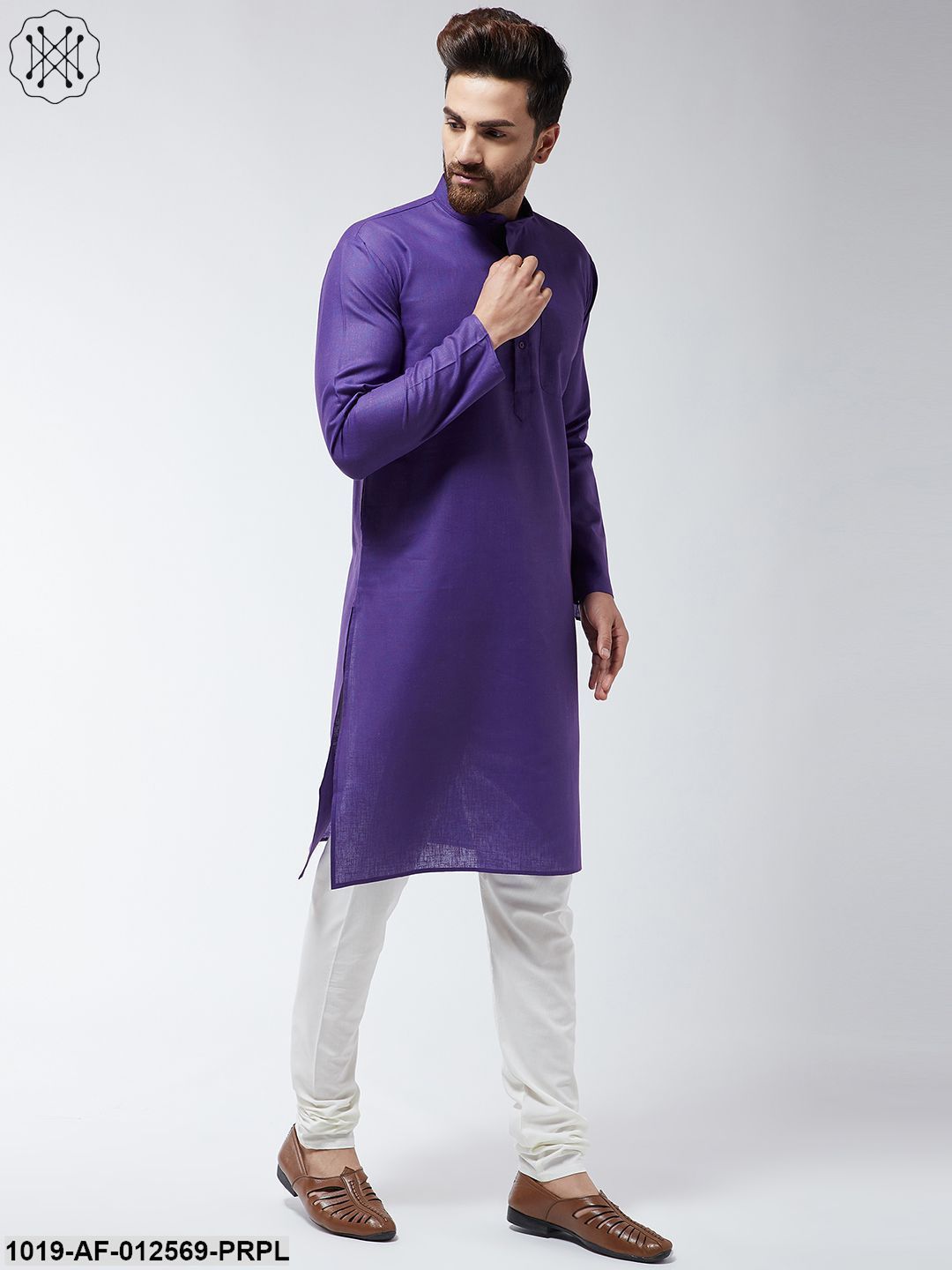 Men's Cotton Blend Purple Kurta & Off-White Churidar Pyjama Set