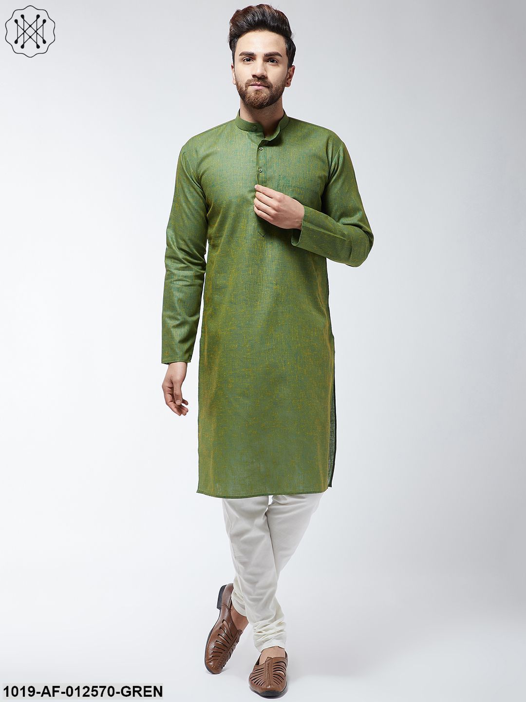 Men's Cotton Blend Moss Green Kurta & Off-White Churidar Pyjama Set