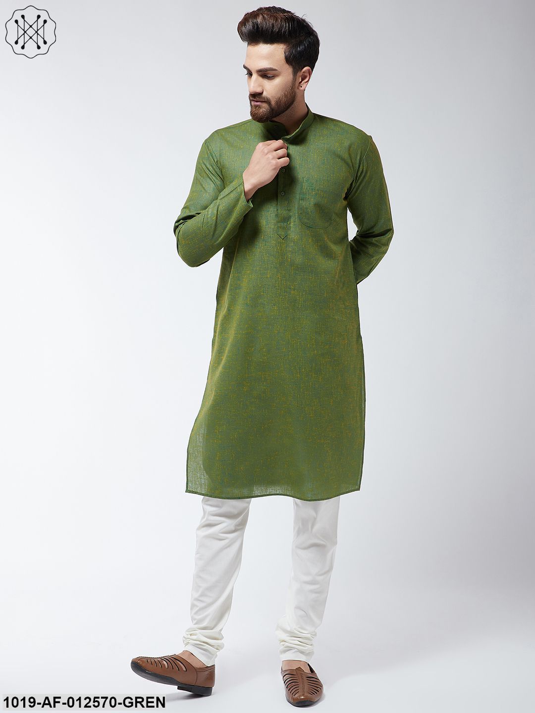 Men's Cotton Blend Moss Green Kurta & Off-White Churidar Pyjama Set
