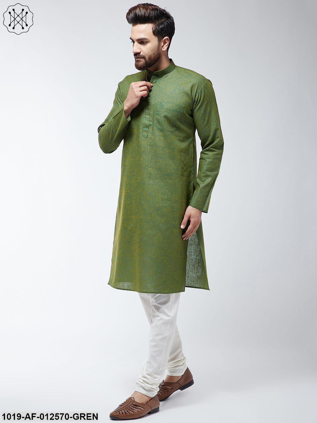 Men's Cotton Blend Moss Green Kurta & Off-White Churidar Pyjama Set