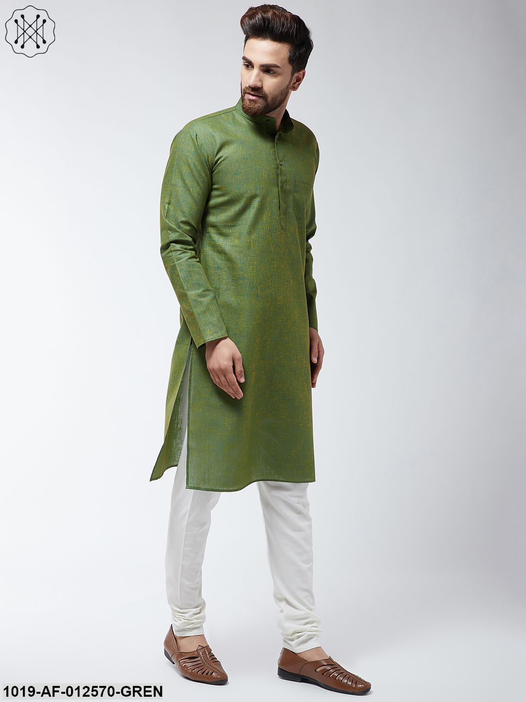 Men's Cotton Blend Moss Green Kurta & Off-White Churidar Pyjama Set