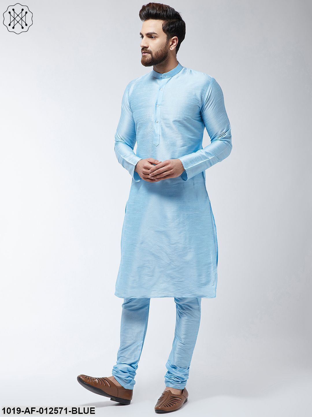 Men's Silk Blend Sky Blue Kurta & Churidaar Pyjama Set - Sojanya