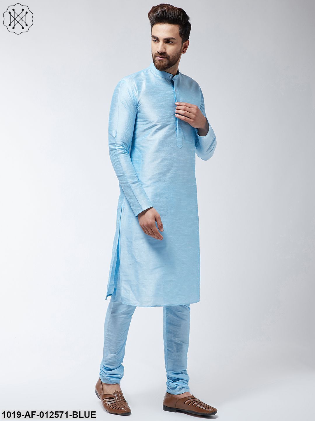 Men's Silk Blend Sky Blue Kurta & Churidaar Pyjama Set - Sojanya