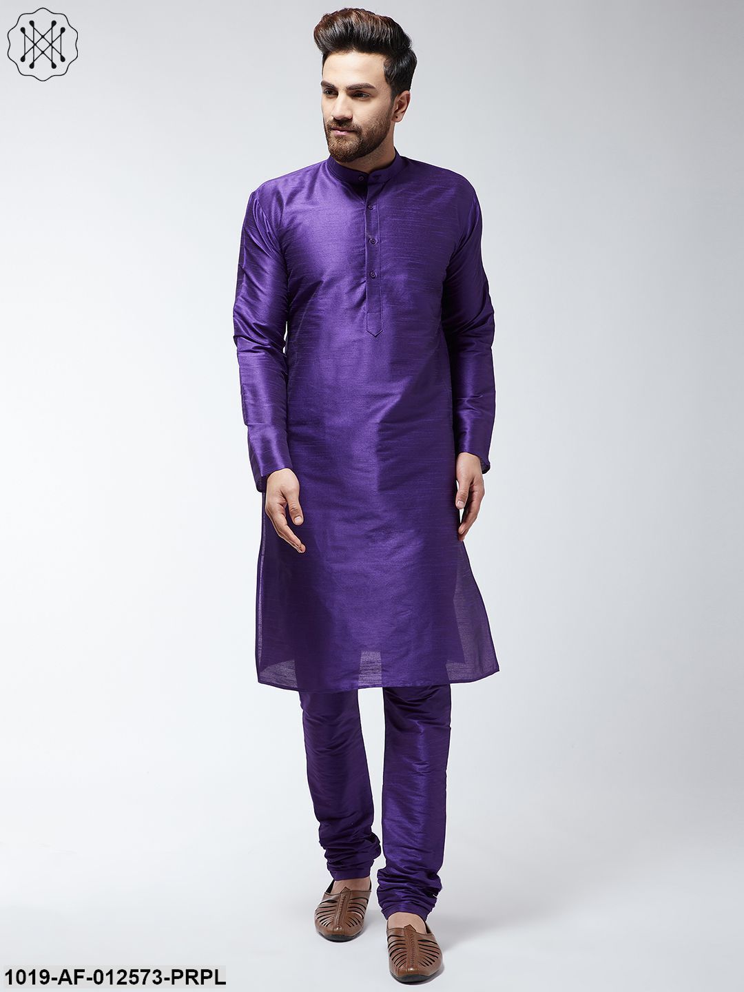 Men's Silk Blend Purple Kurta & Churidaar Pyjama Set