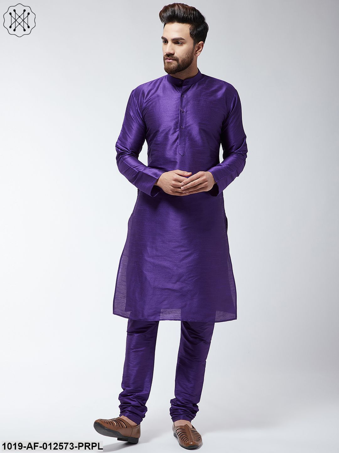 Men's Silk Blend Purple Kurta & Churidaar Pyjama Set