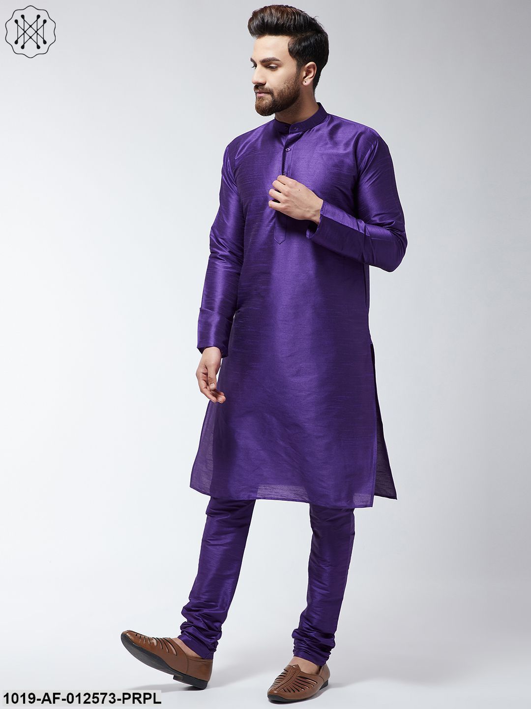 Men's Silk Blend Purple Kurta & Churidaar Pyjama Set