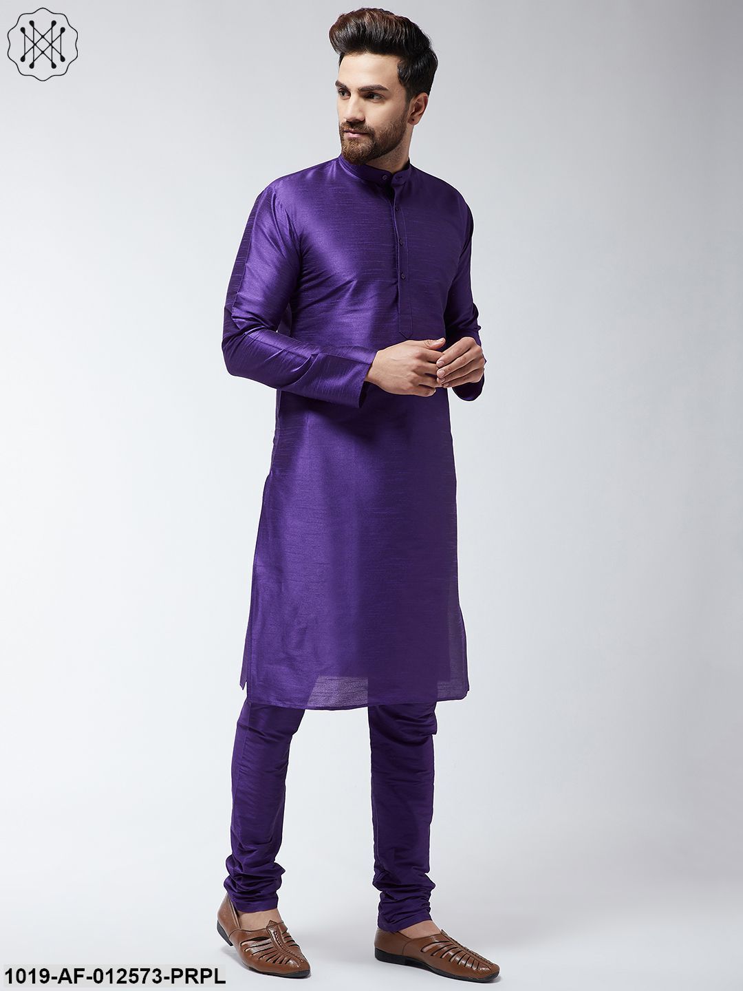 Men's Silk Blend Purple Kurta & Churidaar Pyjama Set