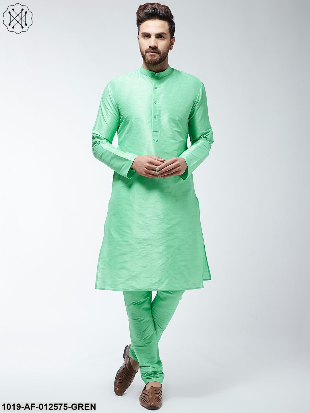 Men's Silk Blend Light Green Kurta & Churidaar Pyjama Set