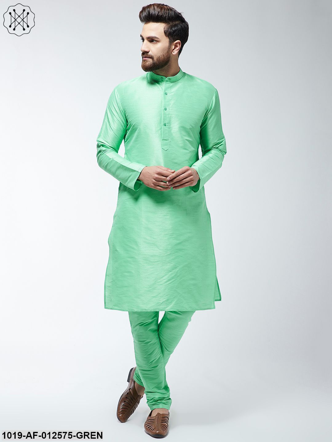 Men's Silk Blend Light Green Kurta & Churidaar Pyjama Set