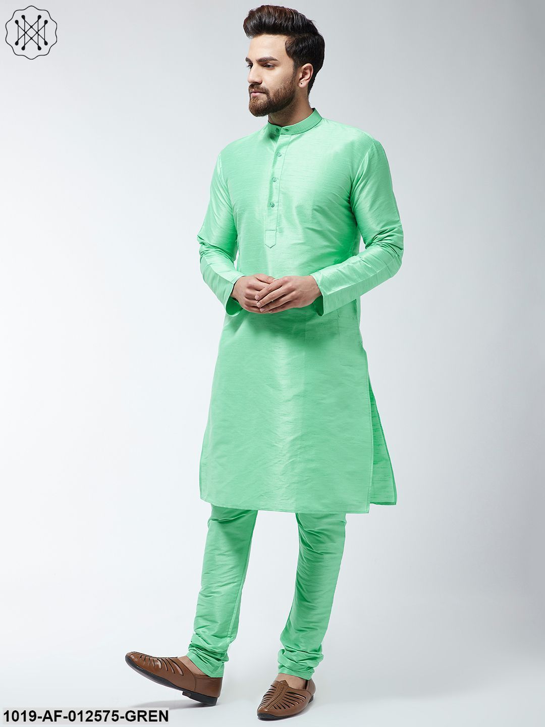 Men's Silk Blend Light Green Kurta & Churidaar Pyjama Set