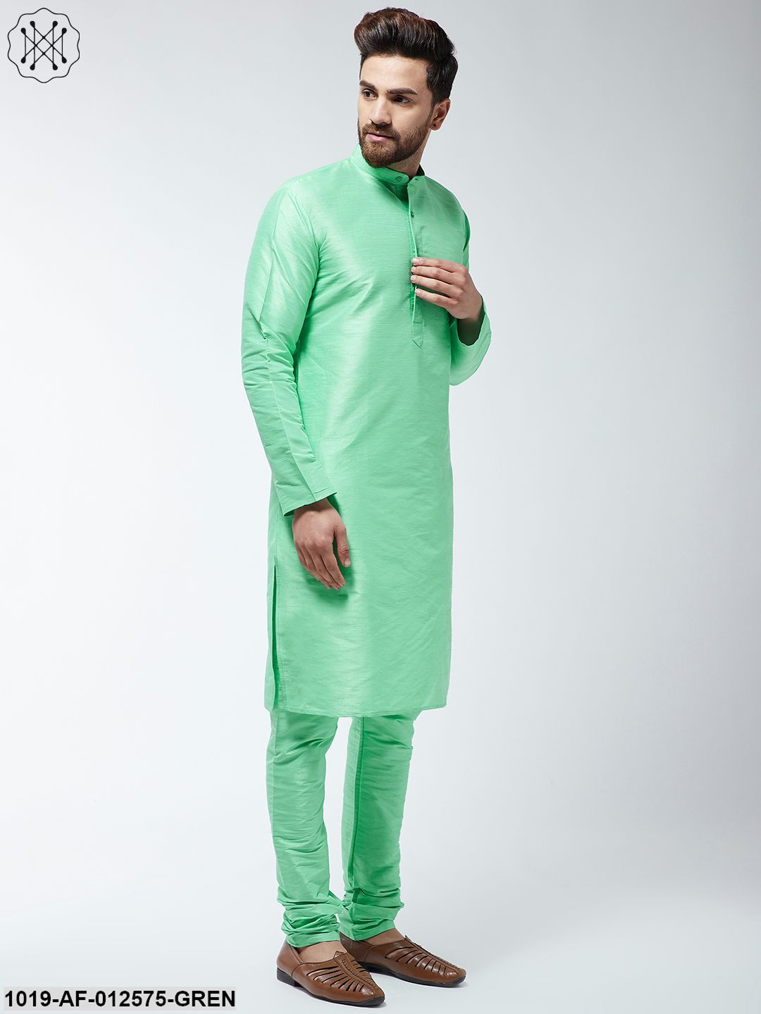 Men's Silk Blend Light Green Kurta & Churidaar Pyjama Set