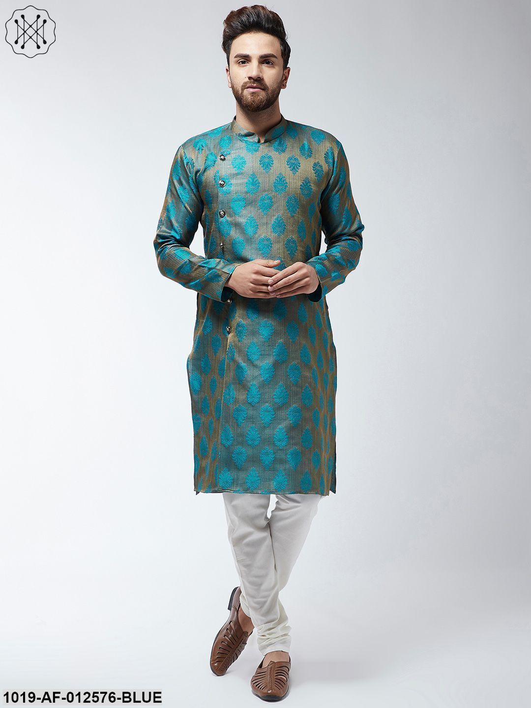 Men's Jacquard Silk Teal Blue Kurta & Off-White Churidar Pyjama Set - Sojanya