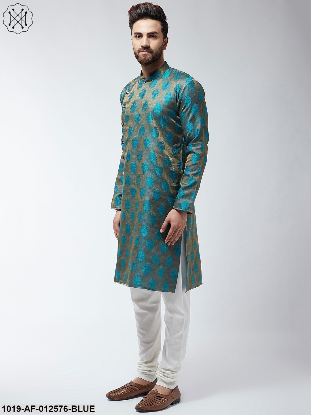 Men's Jacquard Silk Teal Blue Kurta & Off-White Churidar Pyjama Set - Sojanya