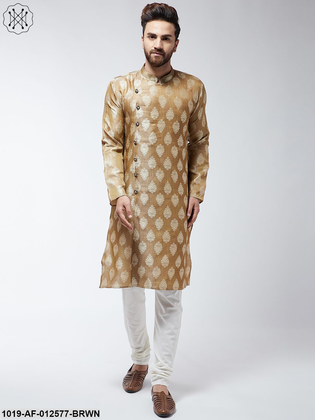 Men's Jacquard Silk Brown Kurta & Off-White Churidar Pyjama Set - Sojanya