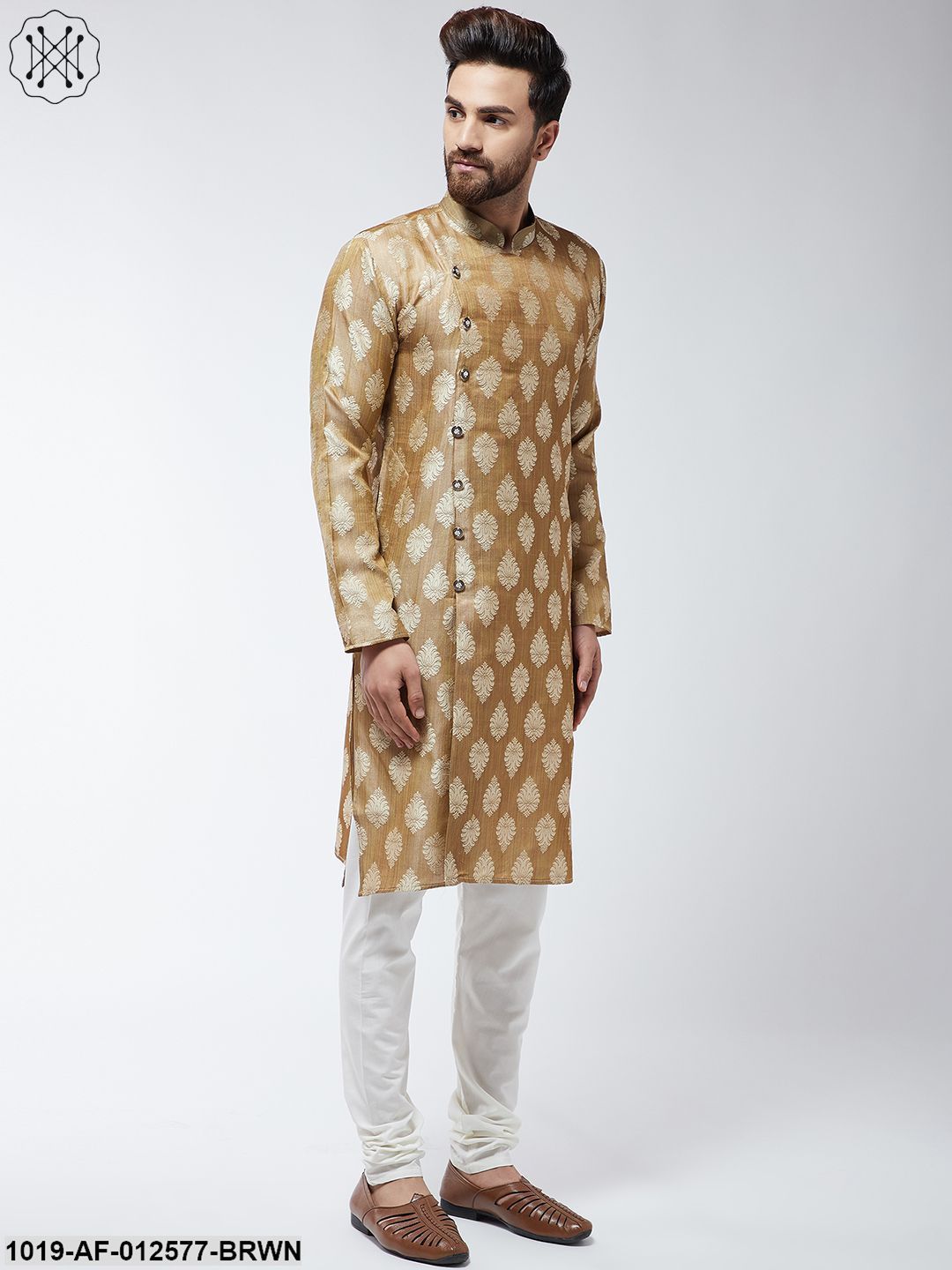 Men's Jacquard Silk Brown Kurta & Off-White Churidar Pyjama Set - Sojanya