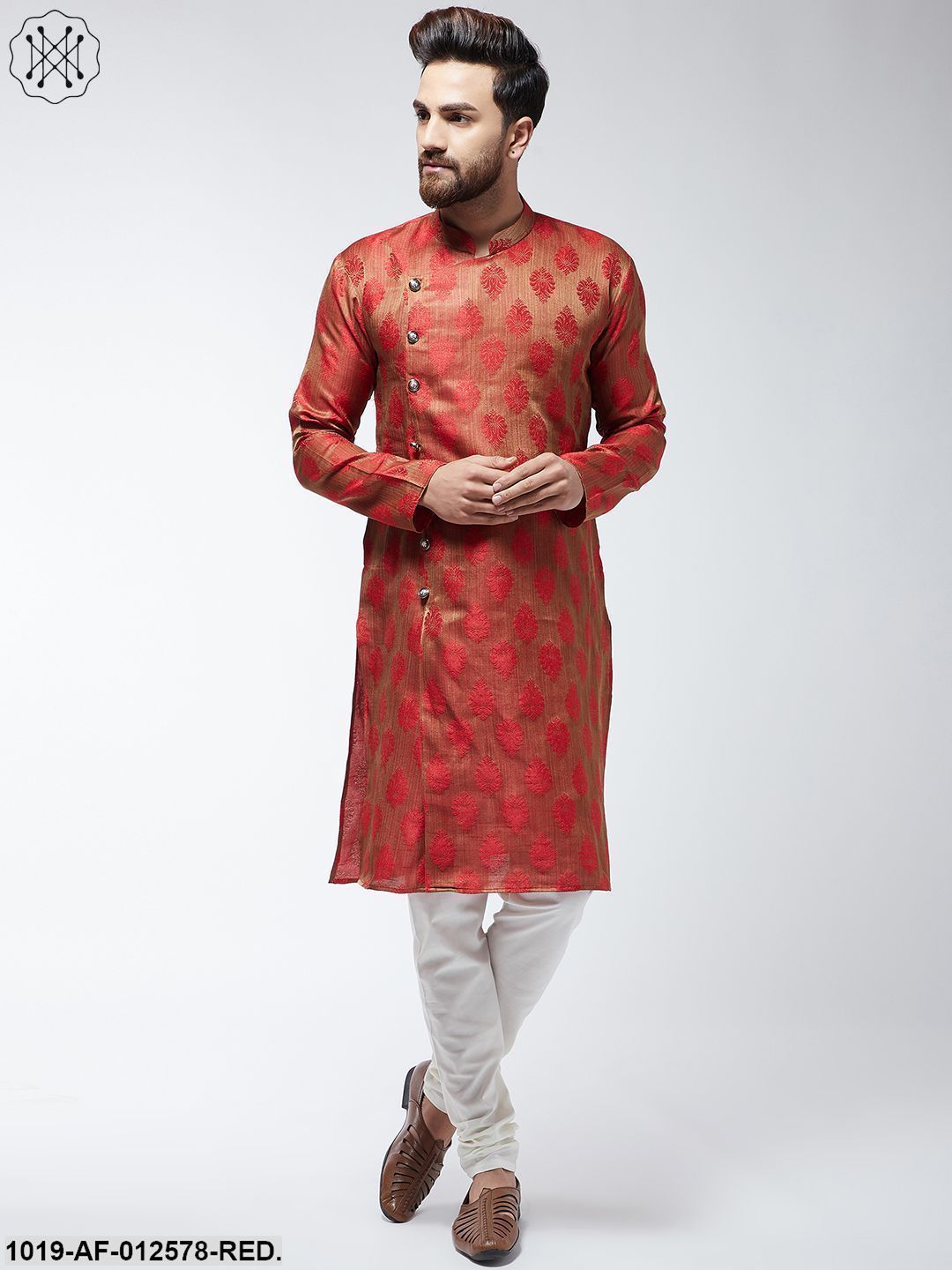 Men's Jacquard Silk Red Kurta & Off-White Churidar Pyjama Set - Sojanya