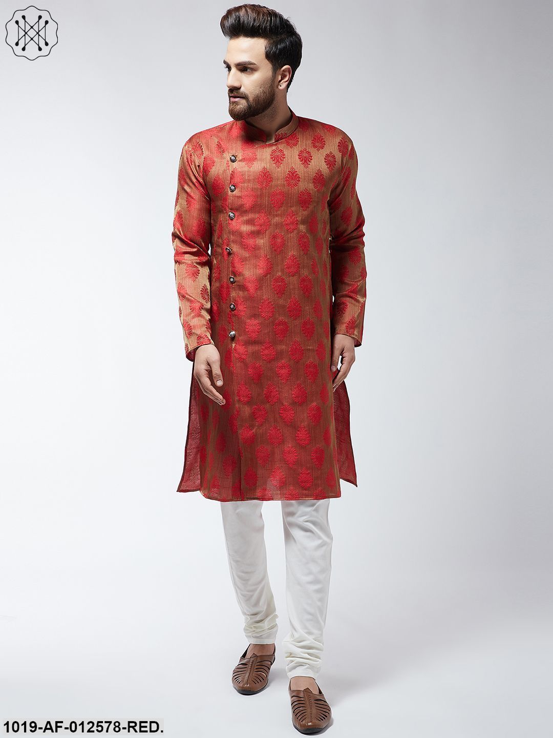 Men's Jacquard Silk Red Kurta & Off-White Churidar Pyjama Set - Sojanya