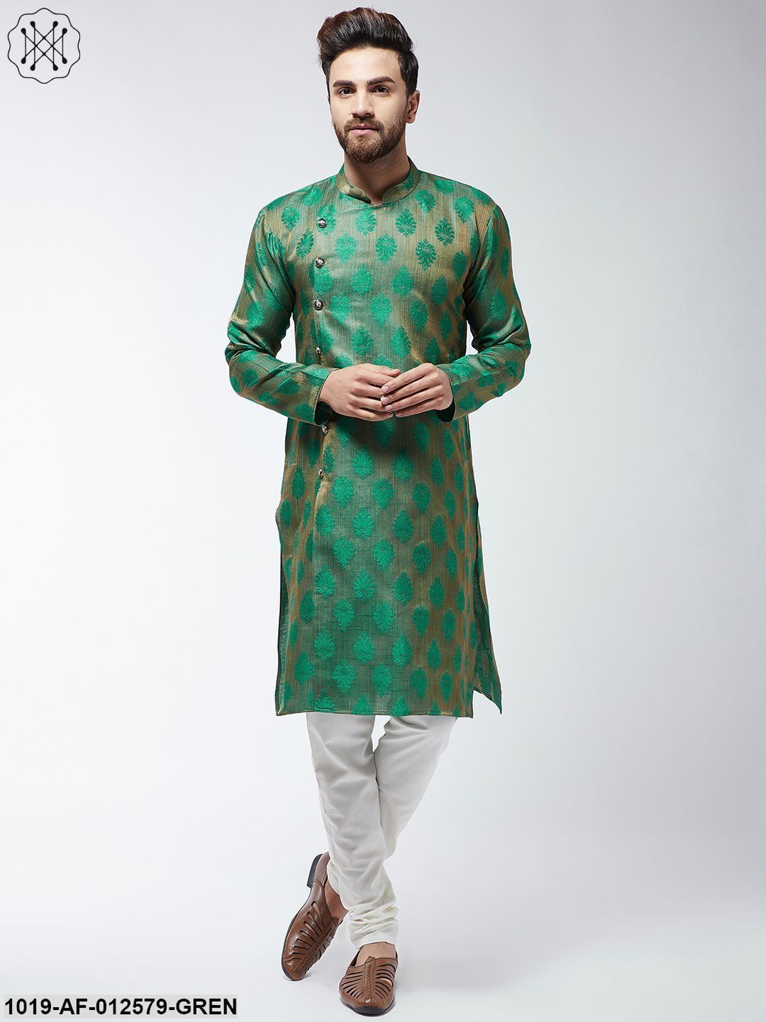 Men's Jacquard Silk Dark Green Kurta & Off-White Churidar Pyjama Set