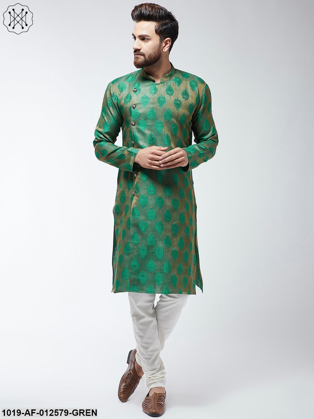 Men's Jacquard Silk Dark Green Kurta & Off-White Churidar Pyjama Set
